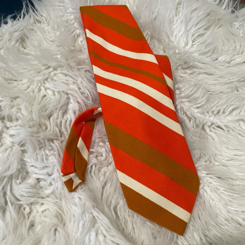 Vintage Mens Necktie Orange Stripe Print 60s 70s Hawaiian Barkcloth Graphic